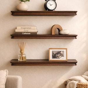 Estante de pared de madera curvada, estante flotante, color nogal oscuro, decoración moderna