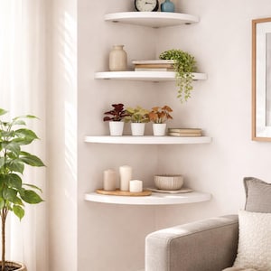 Estante flotante de esquina con opciones de color y tamaño personalizables. Diseñado para maximizar el espacio en las esquinas. Fácil de instalar. Color blanco.