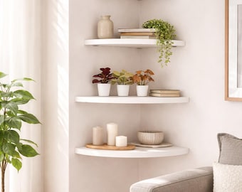 Estante flotante de esquina con opciones de color y tamaño personalizables. Diseñado para maximizar el espacio en las esquinas. Fácil de instalar. Color blanco.
