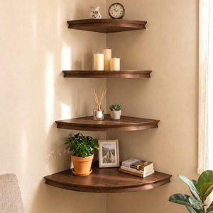 May include: A set of four dark brown wooden corner shelves mounted on a wall. The shelves hold various decorative items including a small clock, three pillar candles, a reed diffuser, a potted succulent, a potted green plant, a picture frame, and books.