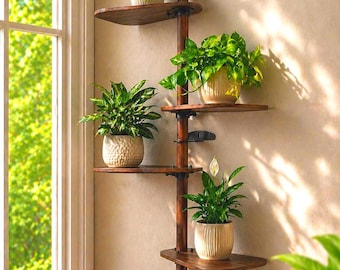 Dark Walnut Colored Wooden Plant Stand, Modular and Vertical Plant Shelf, Reconfigurable Wall Mounted Plant Hanger, Indoor Wall Planter