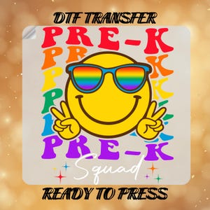 Transferts DTF smiley escouade préscolaire, Prêt à imprimer pour le premier jour de la maternelle, Presse à chaud pour élève d&#39;âge préscolaire, Enseignant de maternelle, Rentrée scolaire, Feuille Dtf Gang