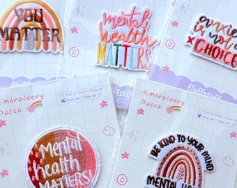 Toppe termoadesive ricamate sulla salute mentale con confezione / Toppe sulla positività / Toppe sull'ansia / Toppe sulla cura di sé / Toppe ricamate sulla gentilezza