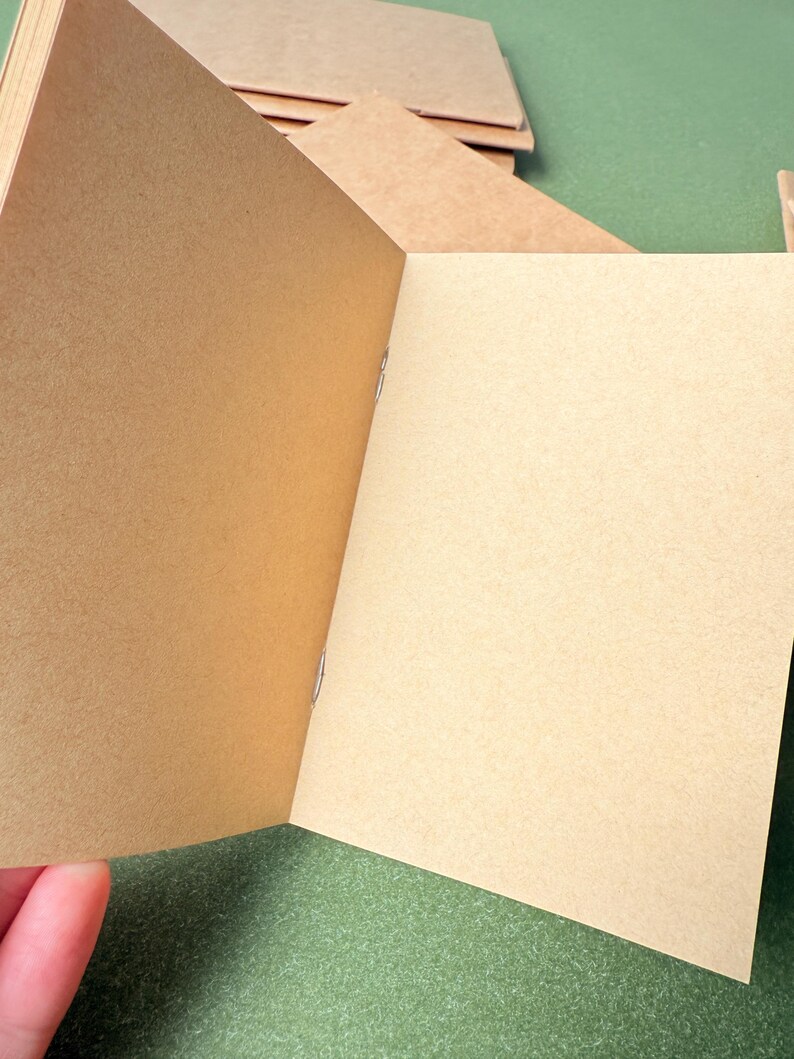 May include: An open notebook with light brown, unlined paper pages. The booklet is held together at the center fold by two silver metal staples. The texture of the paper is matte and fibrous, showing a natural tan color throughout the interior.