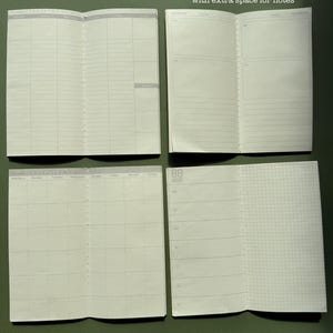 May include: Four open planners displayed in a grid. Top left: 5. Vertical Weekly Planner, Daily plans & to-do lists. Top right: 6. Daily AM/PM Planner, Plan your day by AM & PM, with extra space for notes. Bottom left: 7. Weekly Time Blocking, Schedule & track your time. Bottom right: 8. Weekly + Grid Notes, Weekly overview & free notes.