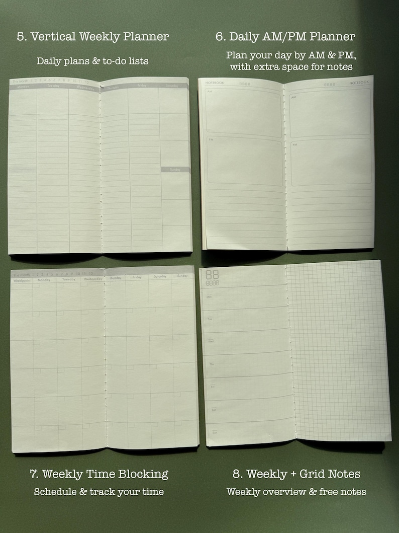 May include: Four open planners displayed in a grid. Top left: 5. Vertical Weekly Planner, Daily plans & to-do lists. Top right: 6. Daily AM/PM Planner, Plan your day by AM & PM, with extra space for notes. Bottom left: 7. Weekly Time Blocking, Schedule & track your time. Bottom right: 8. Weekly + Grid Notes, Weekly overview & free notes.