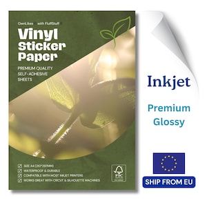 May include: A package of A4 size 210 by 297 mm premium quality self-adhesive vinyl sticker paper for inkjet printers. The packaging features a green background with a leaf graphic, text reading Vinyl Sticker Paper, and an FSC certification logo.