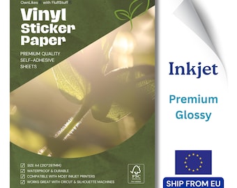 May include: A sheet of Vinyl Sticker Paper with the text "Vinyl Sticker Paper" and "Inkjet Premium Glossy". The paper is A4 size (8.3 x 11.7 inches), waterproof, and durable. It is compatible with inkjet printers and works with Cricut and Silhouette machines.