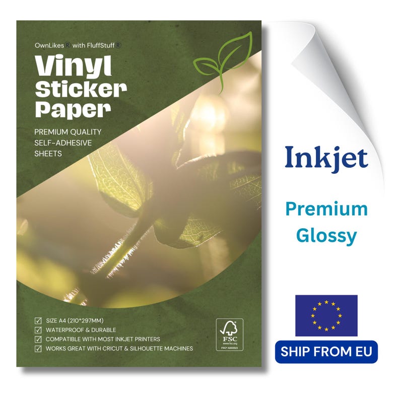 May include: A package of A4 size 210 by 297 mm premium quality self-adhesive vinyl sticker paper for inkjet printers. The packaging features a green background with a leaf graphic, text reading Vinyl Sticker Paper, and an FSC certification logo.