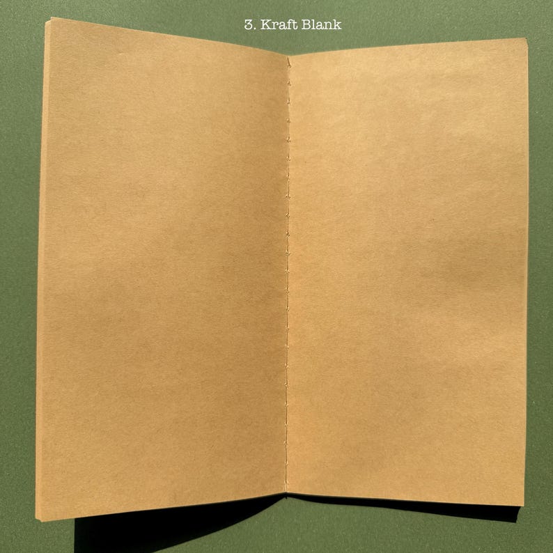 May include: An open notebook with blank, light brown kraft paper pages. The center fold features visible stitching along the spine. The text 3. Kraft Blank is printed in white at the top center of the notebook, which is displayed against a solid green background.