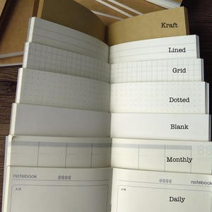 Blank, lined, grid and dotted notebook inserts with kraft cover