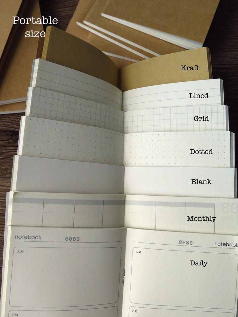 Blank, lined, grid and dotted notebook inserts with kraft cover