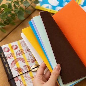 Peut inclure: Un carnet avec une couverture blanche à rayures jaunes et des illustrations rouges d'ours, de cerises et de jouets. Le carnet est ouvert, révélant plusieurs pages intérieures de couleurs unies, notamment marron foncé, vert clair, violet, bleu et jaune.