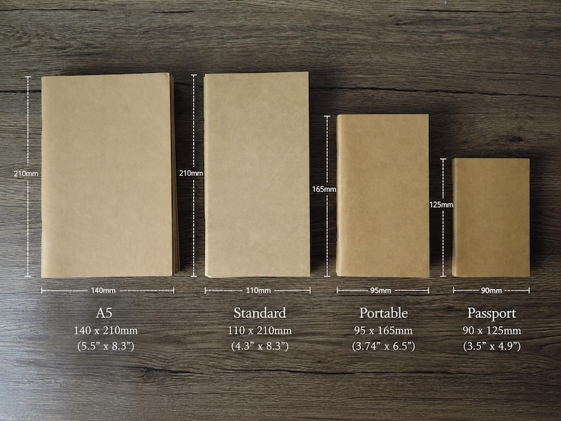 notebook inserts available in multiple layouts and sizes
A5, Standard, Portable and Passport notebook insert sizes