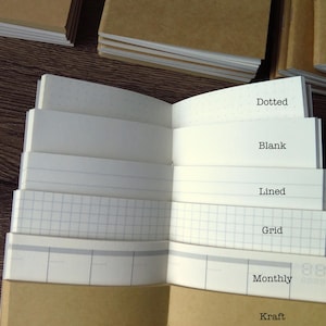 Blank, lined, grid and dotted notebook inserts with kraft cover