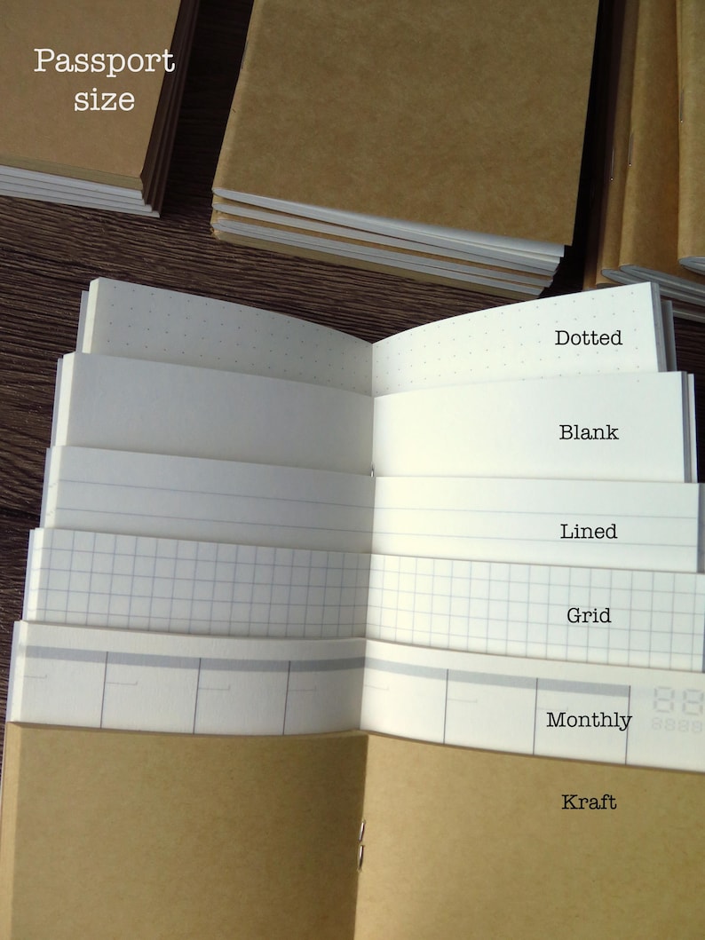 Blank, lined, grid and dotted notebook inserts with kraft cover