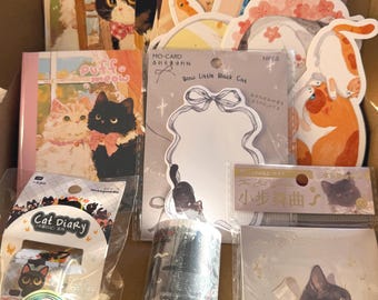 Cat Stationery Set - "Black Cat Diary" | Sticky Notes, Notebook, Index Stickers, Tape Stickers, Postcards