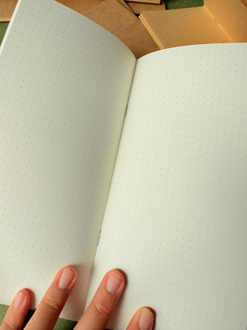 May include: An open notebook with off-white pages featuring a light gray dot grid pattern. The notebook has a simple stitched binding visible at the center fold, and the paper has a smooth texture. Additional closed brown paper notebooks are visible.