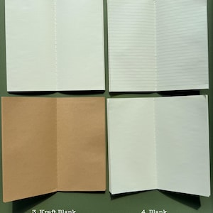 May include: Four open notebooks arranged in a grid. Top left: dotted paper labeled 1. Dotted. Top right: lined paper labeled 2. Lined. Bottom left: brown kraft paper labeled 3. Kraft Blank. Bottom right: plain white paper labeled 4. Blank.