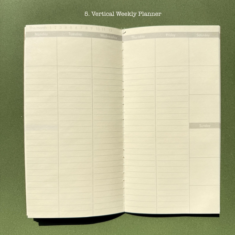 May include: An open vertical weekly planner with cream-colored pages featuring a grid layout for Monday through Sunday. The top header displays the text 5. Vertical Weekly Planner and includes a monthly calendar tracker numbered 1 through 12.