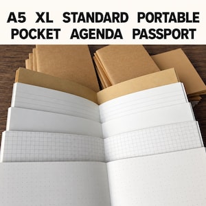 May include: A collection of A5 XL standard portable pocket agenda passport notebooks with brown covers. The open notebooks display various interior page styles including white lined, blank, grid, and dot grid paper layouts.