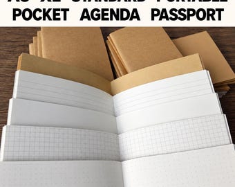 May include: A collection of A5 XL standard portable pocket agenda passport notebooks with brown covers. The open notebooks display various interior page styles including white lined, blank, grid, and dot grid paper layouts.