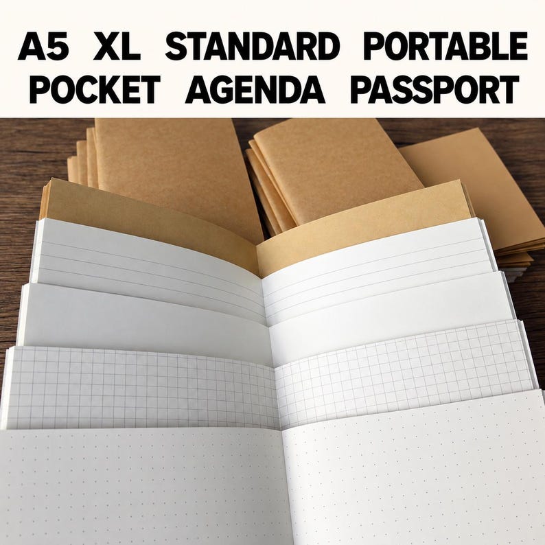 May include: A collection of A5 XL standard portable pocket agenda passport notebooks with brown covers. The open notebooks display various interior page styles including white lined, blank, grid, and dot grid paper layouts.