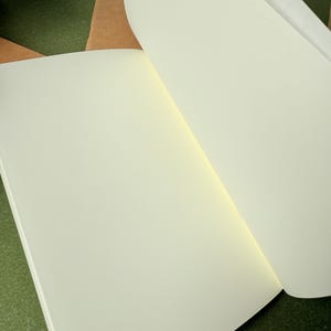 May include: An open notebook with blank, off-white pages. The paper has a smooth texture and a matte finish. The binding is visible at the center fold where the pages meet, showing a slight shadow. The pages are clean and free of any markings.