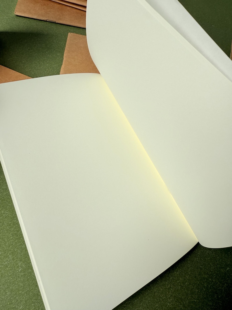 May include: An open notebook with blank, off-white pages. The paper has a smooth texture and a matte finish. The binding is visible at the center fold where the pages meet, showing a slight shadow. The pages are clean and free of any markings.