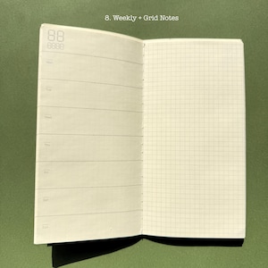 May include: An open planner with cream-colored pages. The left page features a weekly layout with horizontal lines for each day of the week, labeled Mon through Sun. The right page contains a grid pattern. Text reads 8. Weekly + Grid Notes.