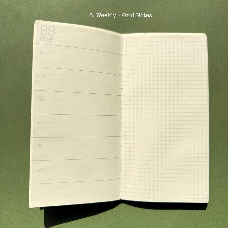 May include: An open planner with cream-colored pages. The left page features a weekly layout with horizontal lines for each day of the week, labeled Mon through Sun. The right page contains a grid pattern. Text reads 8. Weekly + Grid Notes.