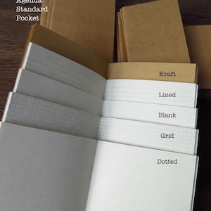 May include: A collection of notebooks with brown kraft paper covers and various interior page styles including lined, blank, grid, and dotted paper. Text on the image lists sizes A5, XL, Agenda, Standard, and Pocket, with labels for Kraft, Lined, Blank, Grid, and Dotted.