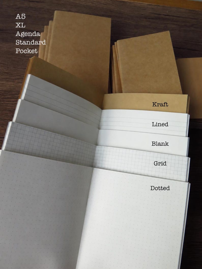 May include: A collection of notebooks with brown kraft paper covers and various interior page styles including lined, blank, grid, and dotted paper. Text on the image lists sizes A5, XL, Agenda, Standard, and Pocket, with labels for Kraft, Lined, Blank, Grid, and Dotted.