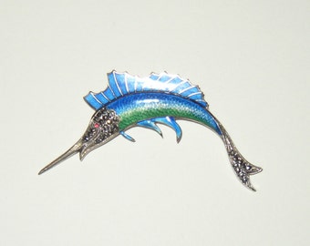 Vintage Signed Sterling Swordfish Guilloche Enamel Marcasite Brooch