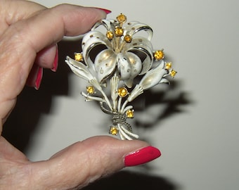 Vintage Book Piece Rhinestone Enamel Tiger Lily Flower Brooch