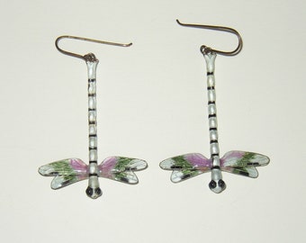 Vintage Unsigned Sterling Enamel Dragonfly Dangle Earrings