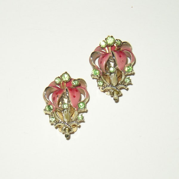 Vintage Book Piece Enamel Rhinestone Tiger Lily Earrings