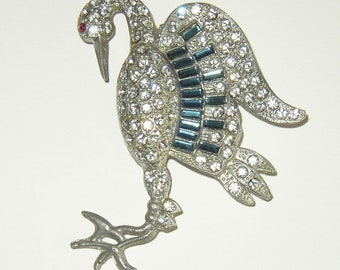 Vintage Book Piece Rhinestone Crane Bird Brooch