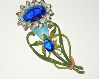 40's Book Piece Rhinestone Enamel Flower Brooch