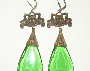 Vintage Egyptian Motif Czech Glass Dangle Earrings