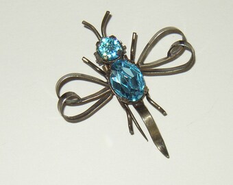 Vintage Signed Sterling Rhinestone Dragonfly Fur Clip