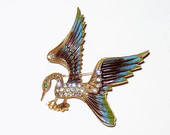 Vintage Rhinestone Enamel Bird Duck Brooch