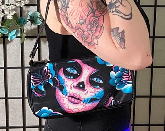 Memento by Carissa Rose Clutch Shoulder Bag | Cute Clutch Leather Purse | Day of the Dead Sugar Skull Girl With Roses Tattoo Art
