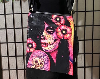 Shoulder Sling Strap Bag | I'll Never Forget by Carissa Rose | Day of the Dead Tattoo Calavera Pink Crossbody Tote Leather Purse
