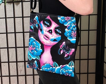 Shoulder Sling Strap Bag | Memento by Carissa Rose | Day of the Dead Sugar Skull Girl Goth Edgy Punk Dark Crossbody Tote Leather Purse