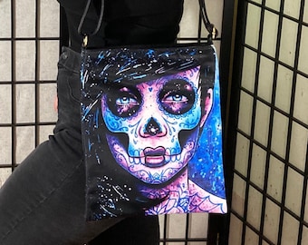 Shoulder Sling Strap Bag | Illuminate by Carissa Rose | Day of the Dead Tattoo Calavera Blue Crossbody Tote Leather Purse