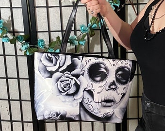 Felicity by Carissa Rose Classic Shoulder Bag | Large Bucket Bag Purse | Day of the Dead Sugar Skull Tattoo Art Girl With Roses Illustration