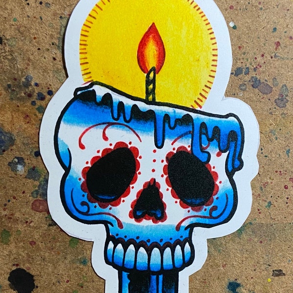 Full Color Sticker or Magnet | Day of the Dead Sugar Skull Melting Candle With Flame Old School Traditional Tattoo Flash