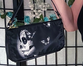 Clutch Shoulder Bag | Flutter By | Cute Clutch Leather Purse | Day of the Dead Sugar Skull Girl With Butterflies Tattoo Art