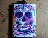 Tattoo Art Stainless Steel 8 oz. Hip Flask Colorful Neon Pop Art Sugar Skull Flash Design - Electric Pink and Blue